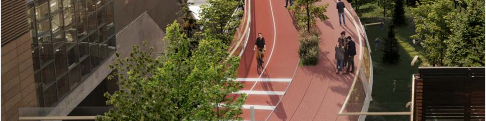 Rendering depicting a person on a bike and people walking along a multipurpose path