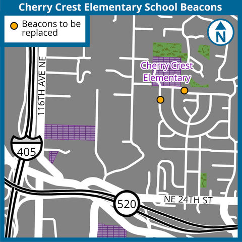 A map showing the location of flashing beacons near Cherry Crest Elementary School.