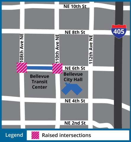 A map showing the locations of the two raised intersections at NE 6th Street and 108th and 110th Avenue NE.
