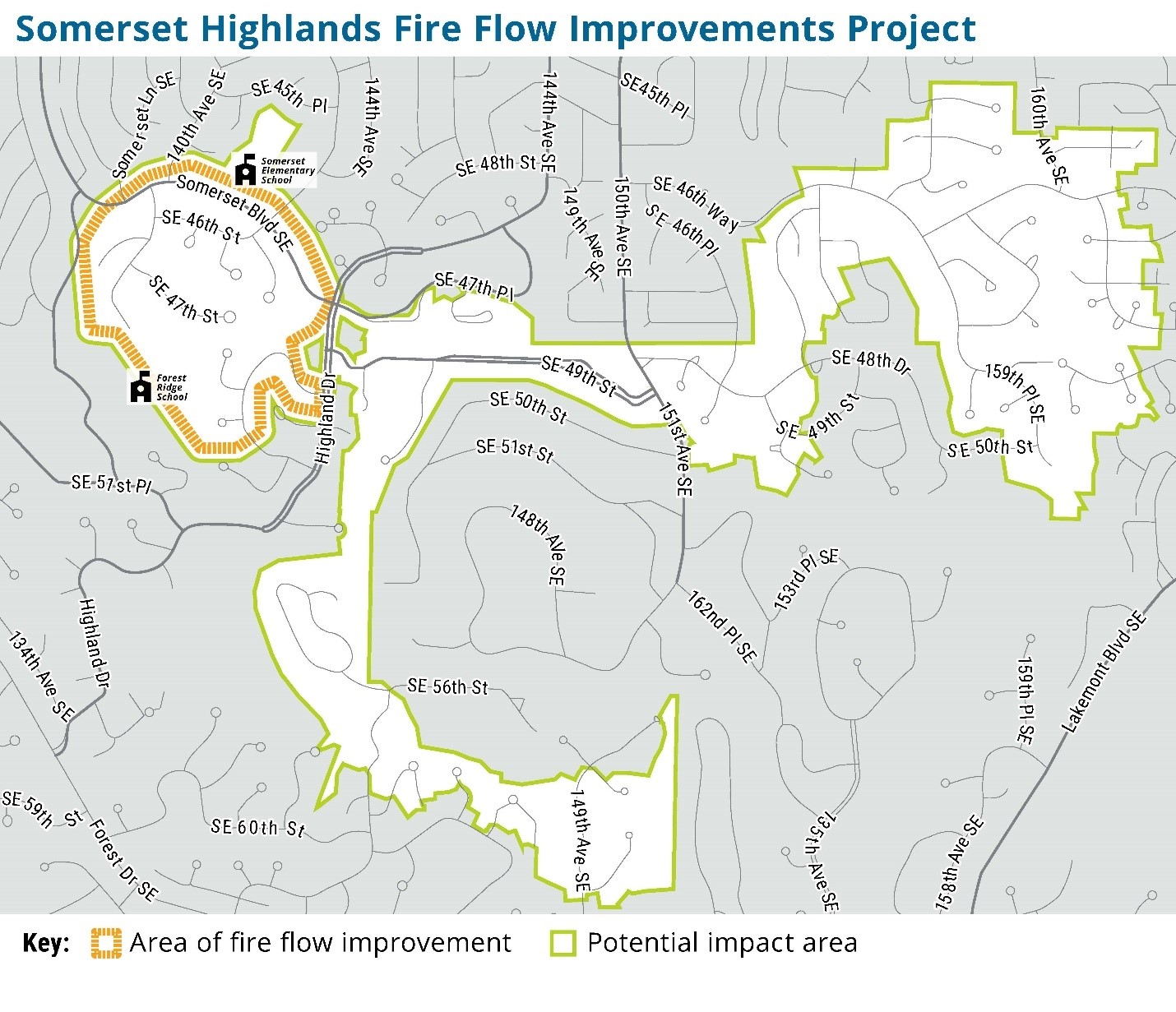 A map of the project shows the area that will receive fire flow improvements, located between Highland Drive, Somerset Boulevard SE, Somerset Avenue SE, and 136th Place SE, as well as the area that may be impacted by different improvement scenarios. 