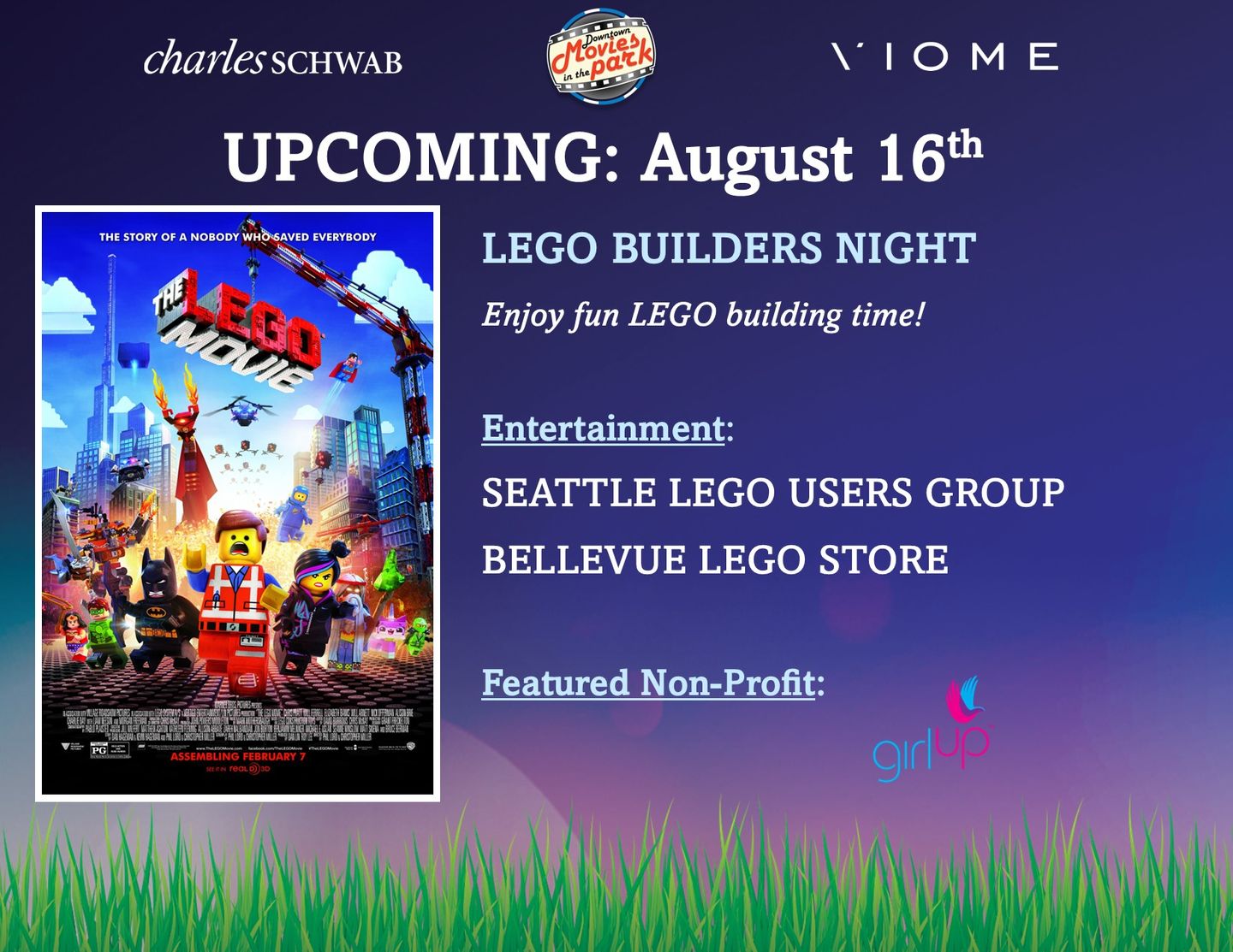 Image of The Lego Movie Poster with details about event on August 16. Text reads: "Upcoming: August 16th lego builders night. Enjoy fun lego building time! Entertainment: Seattle Lego Users Group, Bellevue Lego Store. Featured non-profit: girlup" 