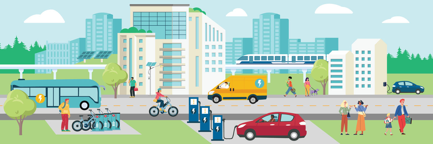 Graphic image of people using different forms of electric mobility in a city, including e-bikes, electric lightrail, electric vehicles, and electric delivery trucks. 
