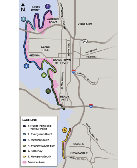 Map of Lake Line service areas along the shoreline of Lake Washington that include: Hunts Point and Yarrow Point, Evergreen Point, Medina South, Meydenbauer Bay, Killarney, and Newport South.