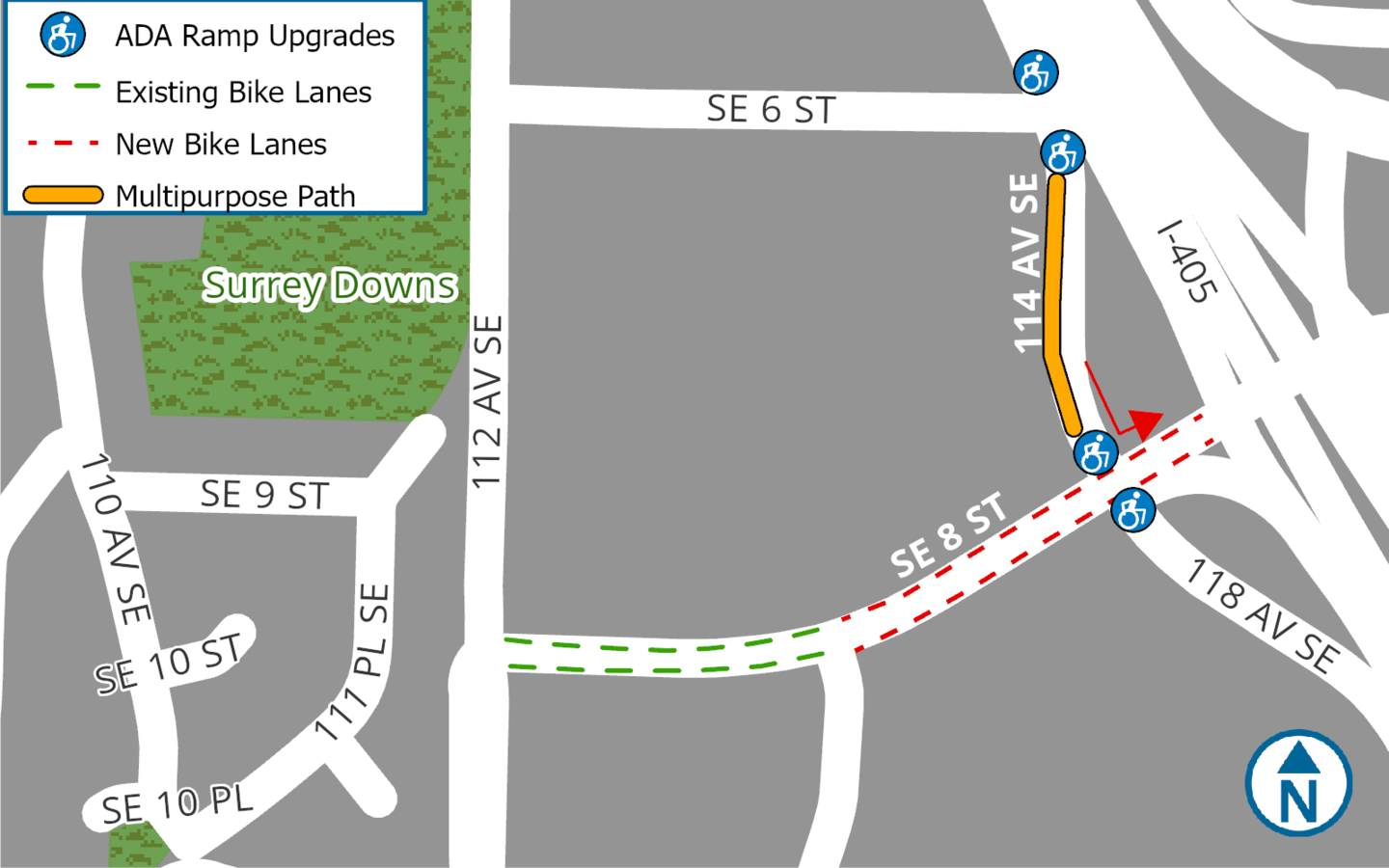 Map of intersection 114th/118th Ave SE and SE 8th St with a strip showing the multi-use path on 114th Ave SE between SE 8th and SE 6th Streets as well as new bike lanes along SE 8th St. and curb ramp upgrades at the intersection.