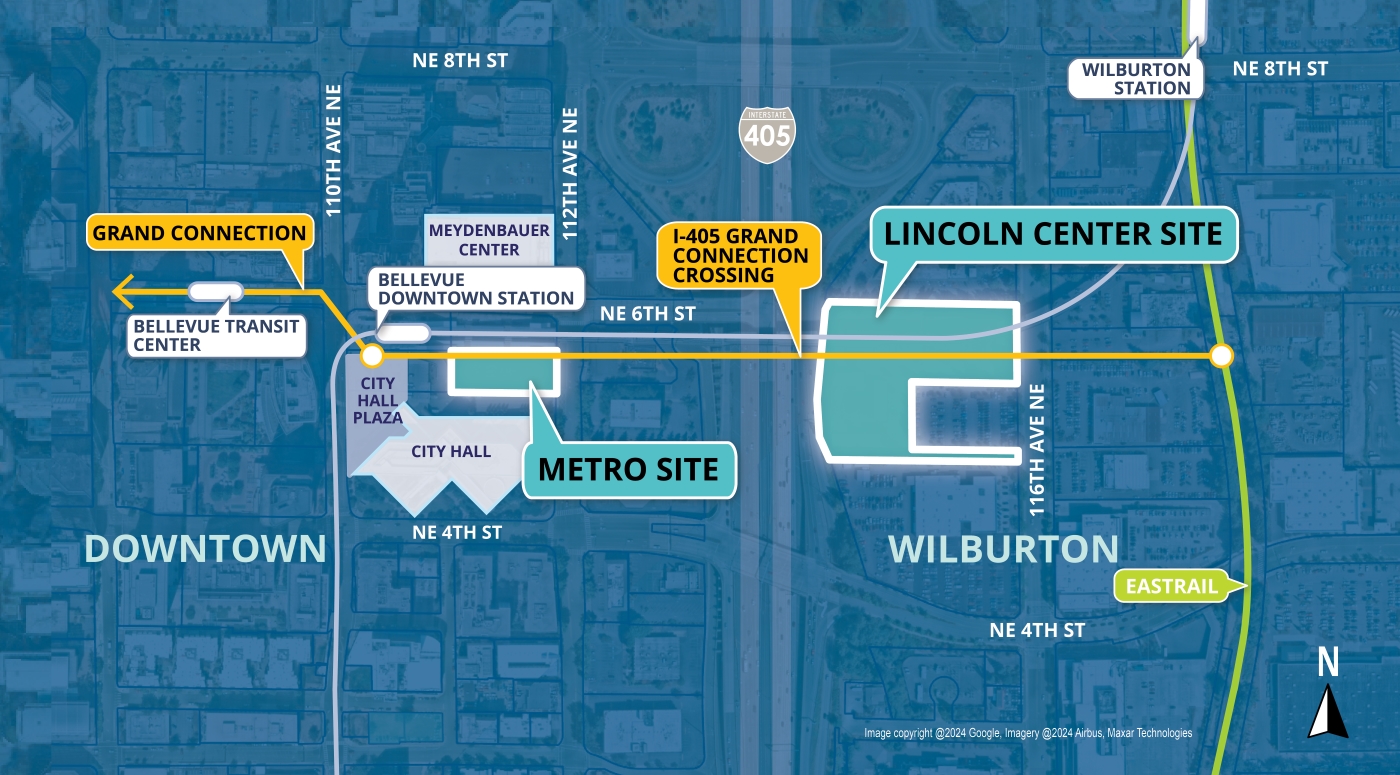 The Grand Connection is a 1.5 mile corridor from Meydenbauer Bay through Downtown to Eastrail. This project focuses on two anchoring redevelopment sites of the Grand Connection Crossing over I-405: the Metro site to the west of I-405, just south of the Bellevue Downtown Light Rail station, and the Lincoln Center site on the east of I-405. This image displays those sites and their integrated relationship with the Grand Connection route.