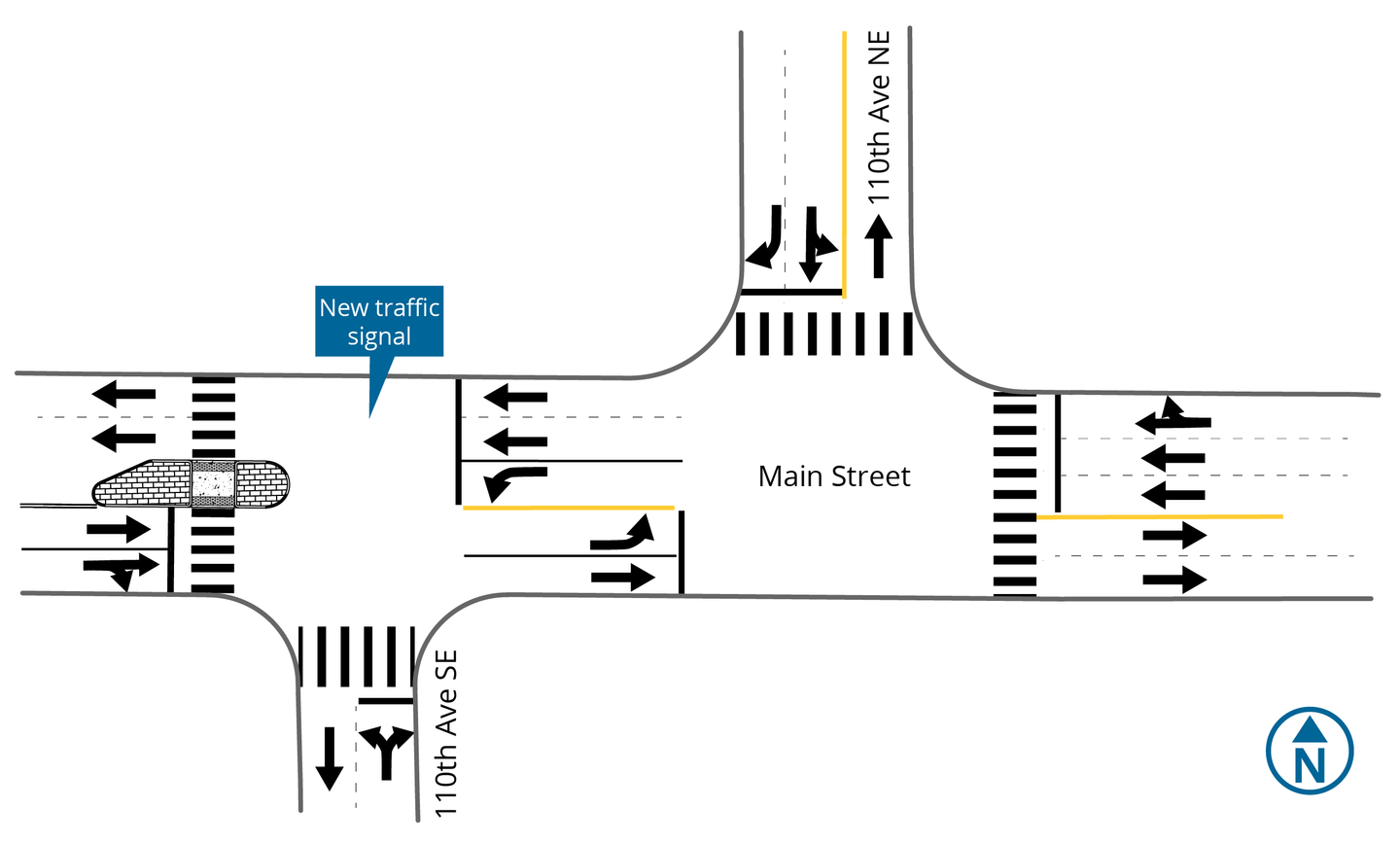 A diagram of the new intersection layout of Main Street and 110th Ave