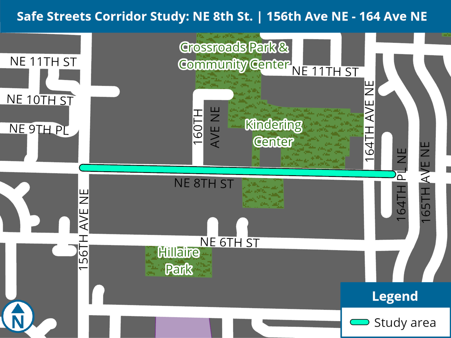 Street map with shading over NE 8th Street between 156th and 164th avenues reflecting the project area