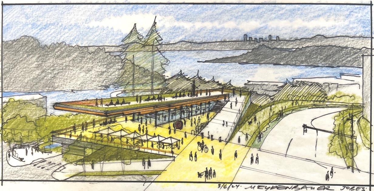 Sketch of a large plaza space and glass pavilion overlooking Meydenbauer Bay. Sloped paved pathway surrounded by lush greenery guide people from Meydenbauer gateway down to Lake Washington.