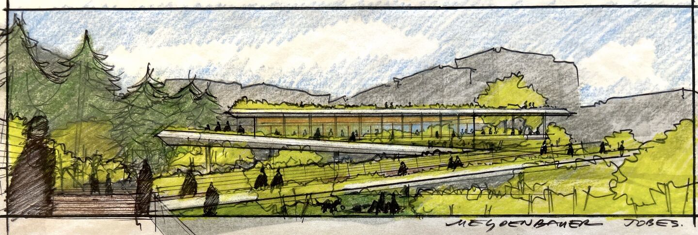 Sketch of a large plaza space and glass pavilion overlooking Meydenbauer Bay. Sloped paved pathway surrounded by lush greenery guide people from Meydenbauer gateway down to Lake Washington.