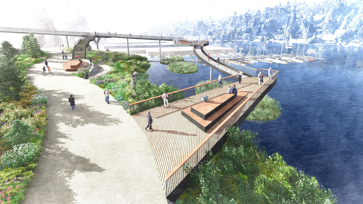 A pathway, the Lakeside Promenade, runs along the water with stairs and a ramp connecting to the upper park area. A wood-paneled lookout with seating areas, the Bay Connector, floats over the water. 