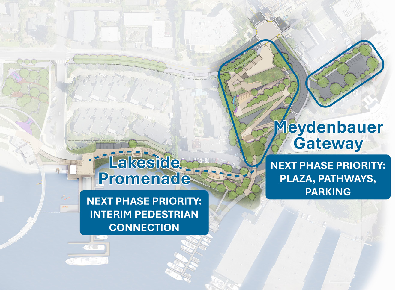 A bird’s eye view of the expansion’s design concept showing the Meydenbauer Gateway area that includes a plaza space, pathways, and parking leading into an interim  Lakeside Promenade pedestrian connection.