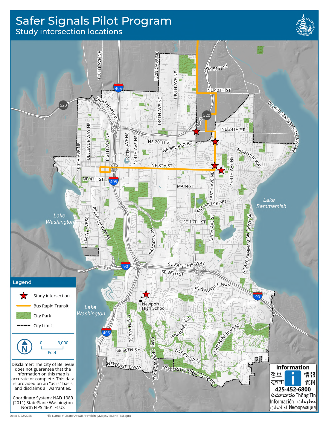 Map of Bellevue with 4 stars showing the project locations for the Safer Signals pilot
