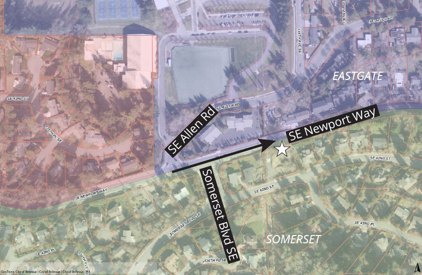 Image of map showing proposed sign location at SE Newport Way at Somerset Blvd SE