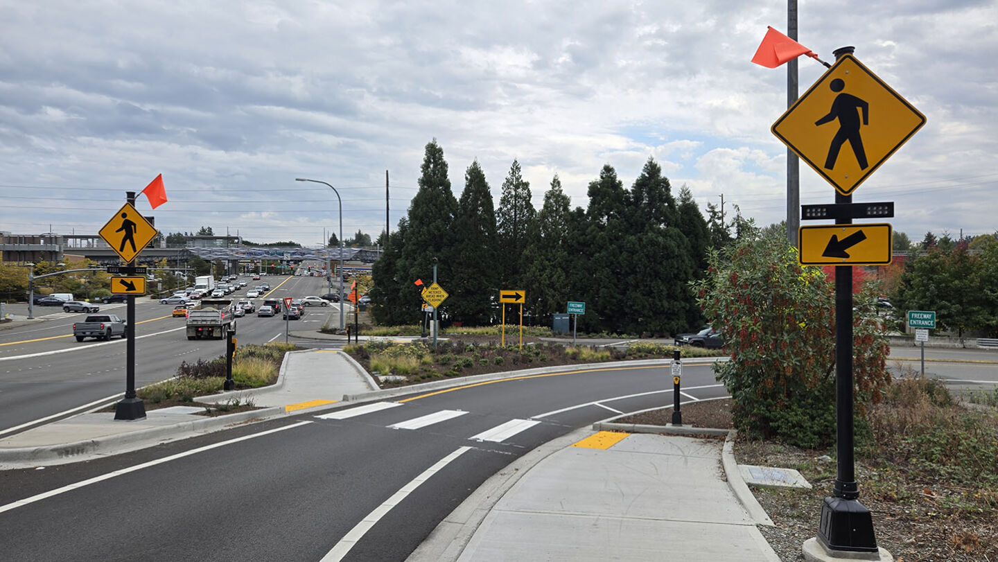 Image of new crosswalk and pedestrian improvements at NE 8th & I-405