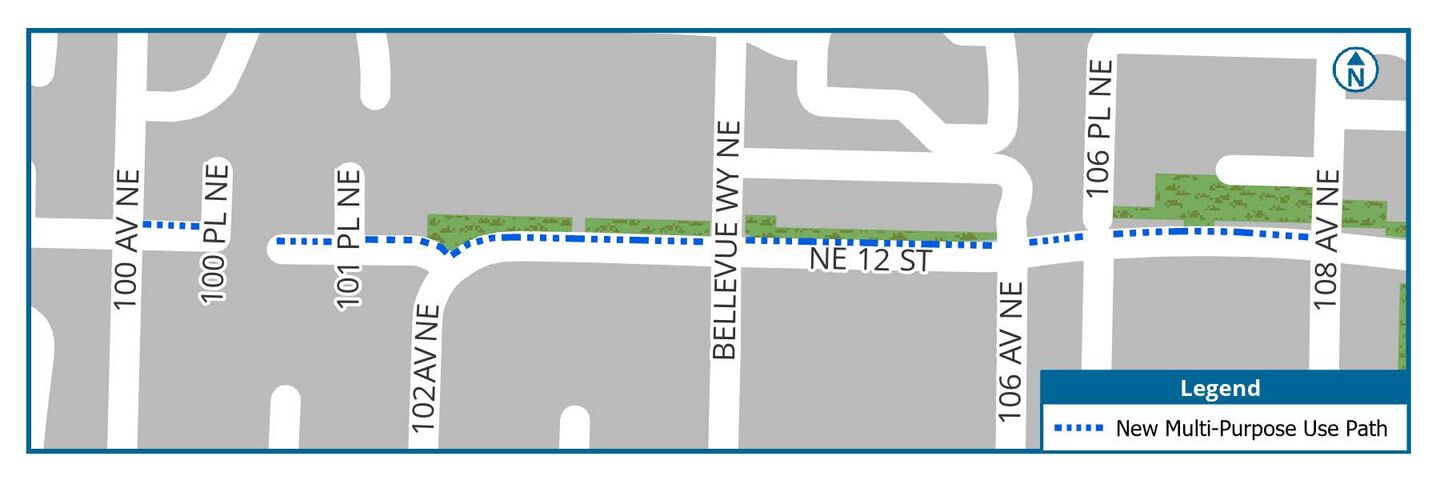 Map showing the planned multi‑purpose path along NE 12th Street in Bellevue. The path is marked with a blue dashed line running east–west from 100th Avenue NE to 108th Avenue NE, passing streets including 100th Place NE, 101st Place NE, 102nd Avenue NE, Bellevue Way NE, and 106th Place NE. Green shaded areas indicate landscaping or open space along sections of the route. A legend identifies the blue dashed line as the new multi‑purpose use path.