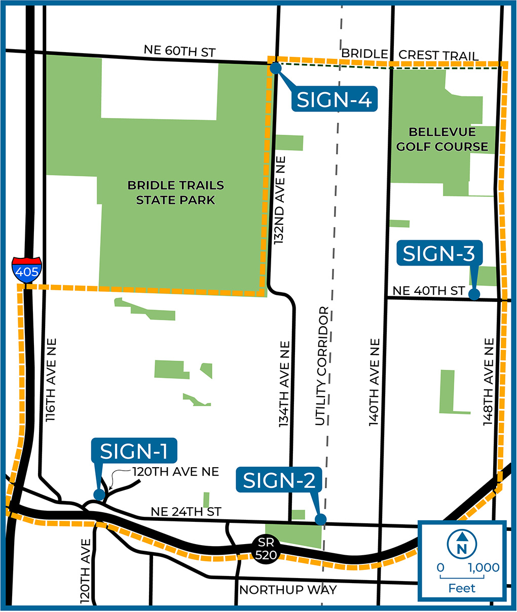 Revised map of sign locations in Bridle Trails
