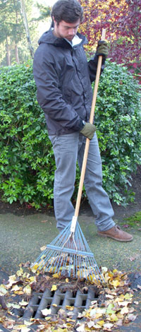 Man raking leaves to prevent flooding.