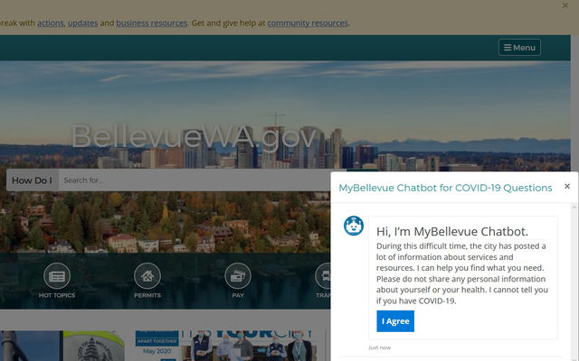 The MyBellevue chatbot appears on the city's home page.