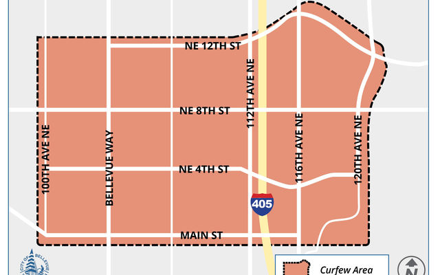 Map illustrates the curfew area downtown bounded approximately on the west by 100th Avenue Northeast, on the south by Main Street/Southeast First Street, on the east by 120th Avenue Northeast/Northeast First Street and on the north by Northeast 12th Street