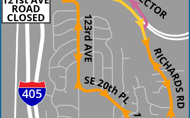 Map of detour around water main break at Southeast Ninth Place and 121st Avenue Southeast.