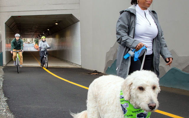 Users, including Mayor Lynne Robinson (cyclist, center) use the new segment.