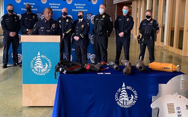 Local police departments hold a news conference about a task force to counter catalytic converter thefts.