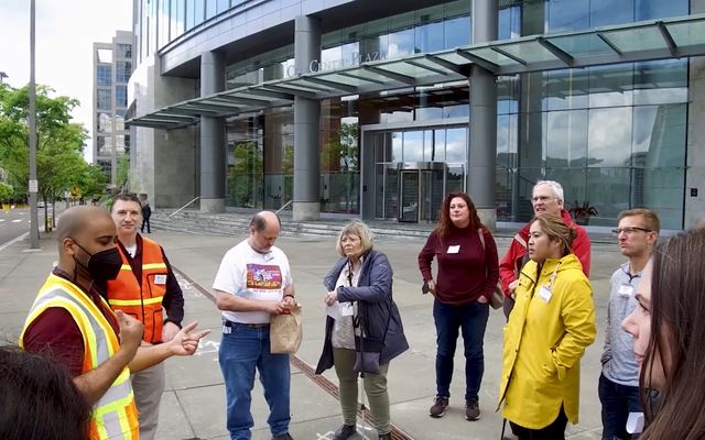 Residents tour downtown as part of the Experience Bellevue 2022 neighborhoods conference.