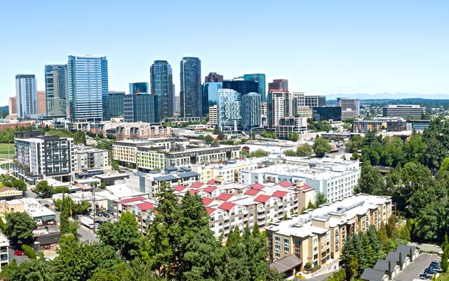 View of downtown through residential area