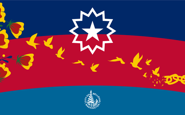 Juneteenth graphic, with Juneteenth flag and broken chain links turning into birds