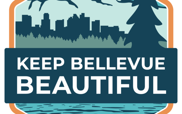 Image with the words Keep Bellevue Beautiful and illustration with mountains, trees and water