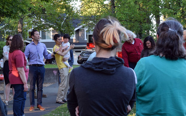 Parks & Community Services Director Michael Shiosaki speaks at a 2022 Neighborhood Walk in Lake Hills.