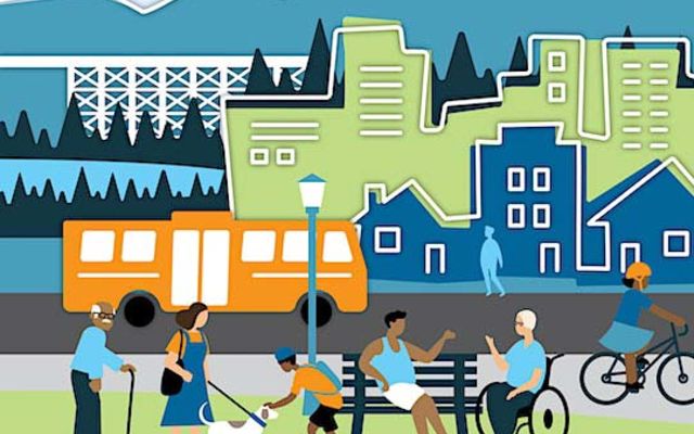 Illustration with Bellevue and people walking dogs, biking and sitting on a park bench