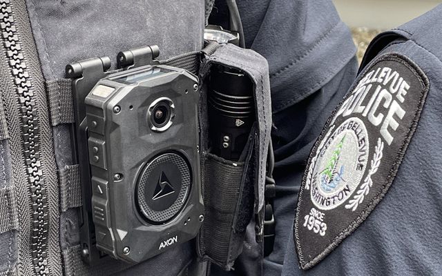 Close-up view of a police body camera