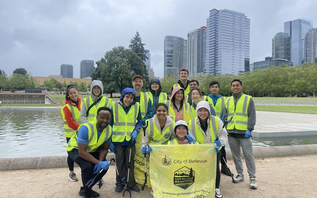 Volunteers with Visa do a clean-up at Downtown Park.