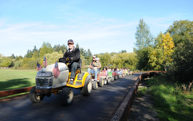 A man on a tractor pulls a line of little cars with children in them at the Kelsey Creek Farm Fair.