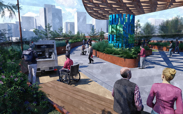 A visualization of the Grand Connection crossing shows people by a coffee cart on a bridge with downtown Bellevue in the distance.