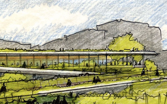 A sketch of a potential pavilion and plaza at the top of Lake Washington Boulevard and 100th Avenue that could be part of the expanded Meydenbauer Bay Park. egetation guide people down to the waterfront.