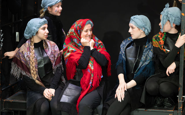 Five women perform in a dress rehearsal of Theatre33's play "Конек-Горбунок (The Little Humpbacked Horse)." Photo by Nina Nikalayeva/Irynka Volkova