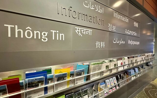 A wall of informational brochures