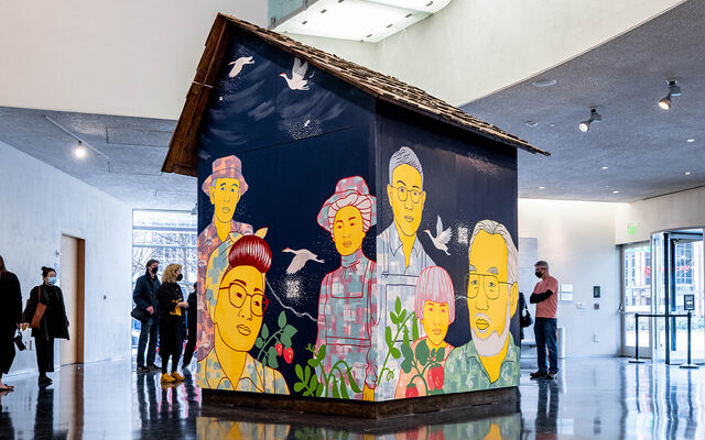 Emerging Radiance, the artwork celebrating Bellevue's Japanese farmers, now stands at the Bellevue Library. It's pictured when it was on display at the Bellevue Arts Museum in 2022.