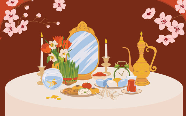 Illustration of a haft-seen, a table setting featuring objects symbolic of Nowruz