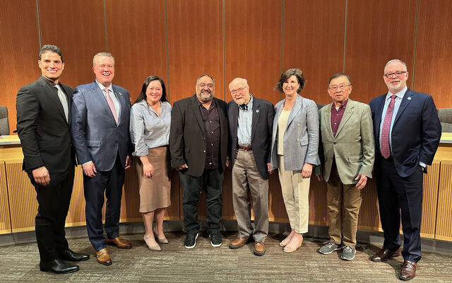 Newly appointed councilmember Vishal Bhargava (fourth from left) poses with the City Council.