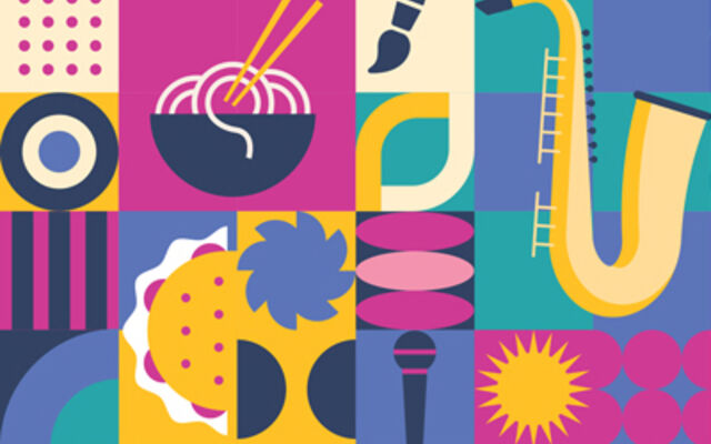 Illustration of multiple arts and recreational objects, including a saxophone, bowl of noodles and paint brush.l,