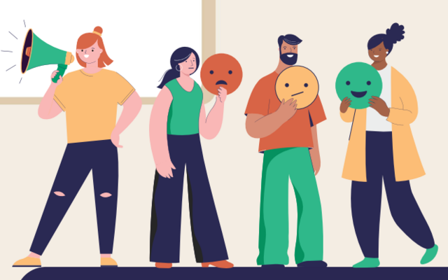 Four people stand in a row in playful poses.