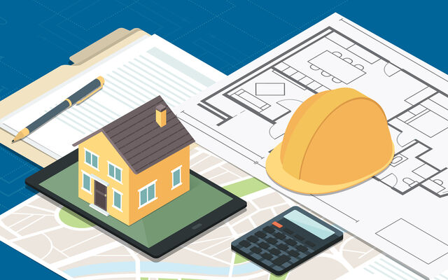 A miniature house and a hardhat sit on blueprints.