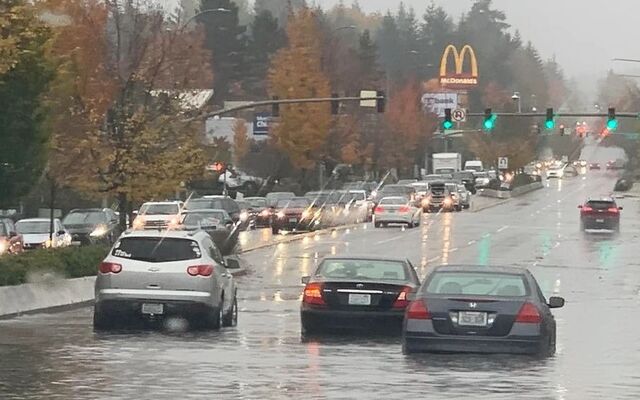 Vehicles traveling in high water on a flooded street. Additional vehicles and trees in the background.