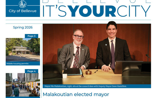 Front page of the spring 2026 issue of It's Your City, with photo of Mayor Malakoutian and Deputy Mayor Hamilton 
