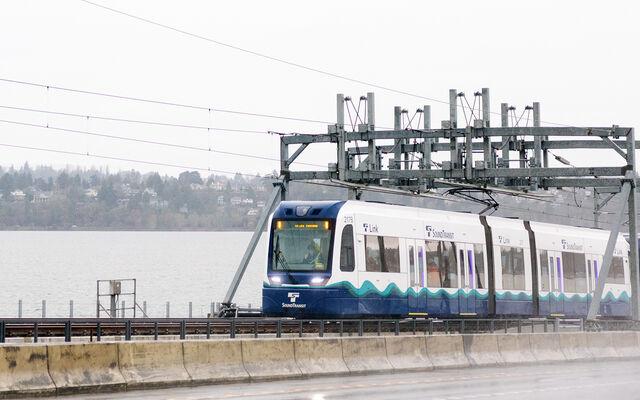 A Sound Transit light rail train does a test crossing across Lake Washington. Sound Transit photo