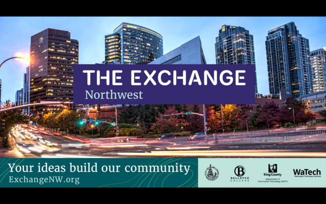 Image of Bellevue downtown street and skyline with text saying The Exchange Northwest - Your Ideas Build Our Community
