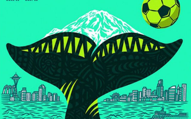 The Seattle World Cup poster by Shogo Ota is bright green, with Mount Rainier, a whale's fluke and a soccer ball in it.